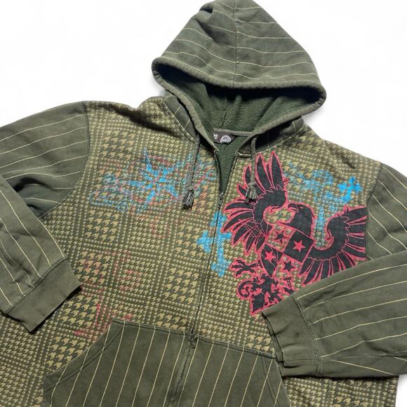 No Boundaries Nobo Vintage Y2k Green Houndstooth AOP Eagle Cross Hoodie XL - Picture 4 of 7